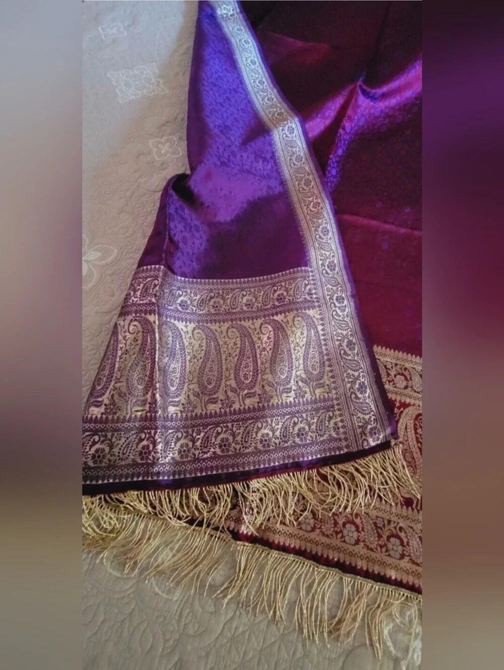 New J.Peterman shawl wrap purple mauve gold-tone shimmer rayon fringes $250
